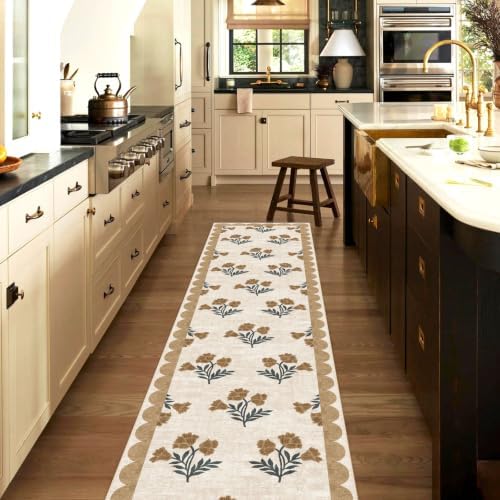 Non Slip Washable Hallway Runner Rug - 2x12 Extra Long Beige Kitchen Runner Rug Soft Boho Runners for Hallways Vintage Floral Scalloped Area Rug for Bedroom Entryway Foyer Stair Runner Decor - Image 7