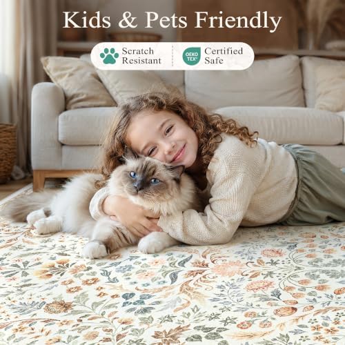 Tosuoka 5x7 Washable Area Rug Vintage Floral Boho Beige Neutral Carpet - Image 6