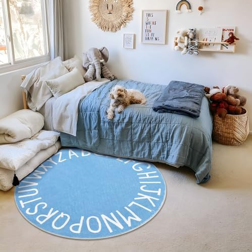 Topotdor Round ABC Area Rug,47 Inch Soft Floor Carpet,Sky Blue - Image 7