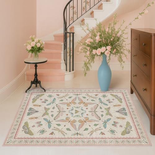 Hazo Haus Neutral Girl Nursery Rug 4x6 - Beige & Pink Rugs for Bedroom, Living Room - Washable Low Pile Non-Slip Charming Insect Print Vintage Girly Design, Perfect for Kids Rooms - Image 6