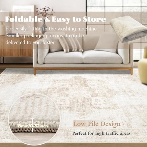 Runner Rug 2x6 Washable Rug, Vintage Boho Medallion Hallway Runner Non-Slip Soft Low Pile Distressed Floor Carpet Retro Doormat for Kitchen Bedroom Laundry Entryway Bathroom (Beige, 2'x6') - Image 6
