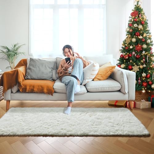 Cream White Runner Rugs for Bedroom Living Room, Ivory Fluffy 2x6 Area Rug - Image 6