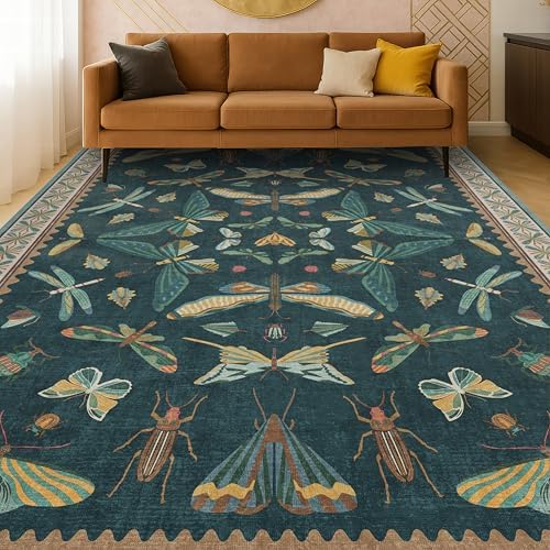 Hazo Haus Oriental Blue and Green Area Rugs for Living Room 6x9 - Insect & Butterfly Dining Table Rug, Bedroom Boys, Washable Non Skid Rubber Backed, Vintage Funky Home Décor - Image 6