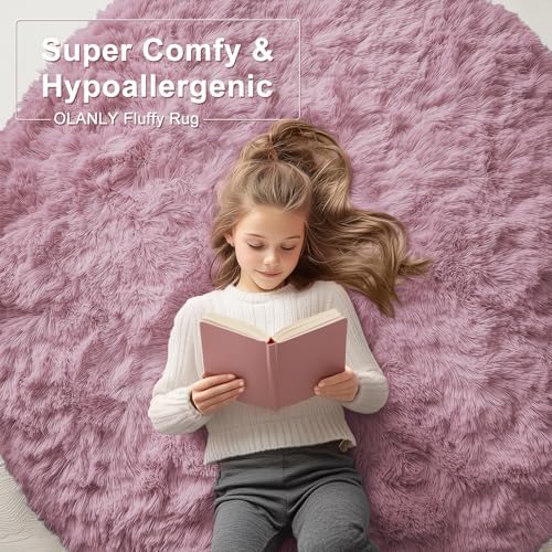 OLANLY Blush Round Rugs for Bedroom - Machine Washable, 9 ft Circle Area Rugs for Living Room, Soft and Fluffy Shaggy Carpet for Teen Girls and Boys, Nursery Rooms, Dorms, Home Decor Aesthetic - Image 6