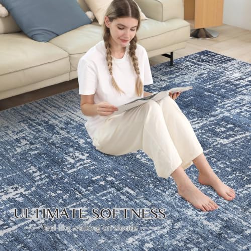 kakania Abstract 9x12 Area Rugs for Living Room: Washable Rugs Dark Blue - Image 6