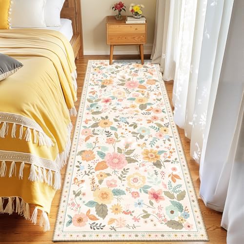 Floral Washable 2x8 Area Rugs Runner Entryway Hallway Beige/White/Orange - Image 6