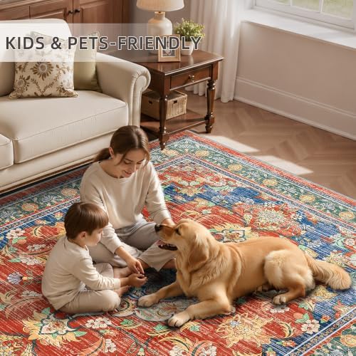 2x6 Boho Washable Runner Area Rugs, Non Slip Foldable Carpets, Retro Red - Image 2