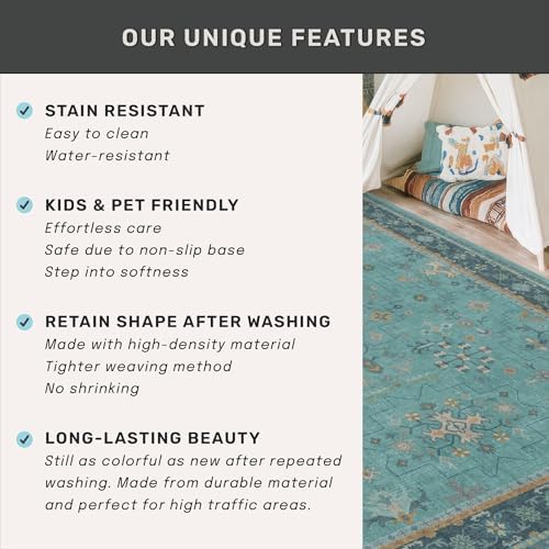 Hazo Haus Teal 10ft Long Hallway Runner Rug - 3 x 10 Runner Rug, Boho Washable 3x10 Kitchen Floor Mat - Vintage Eclectic Boho Design Décor - Image 6