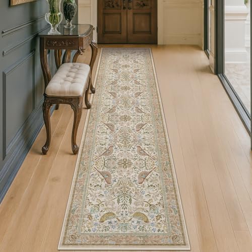 Beige 10 ft Long Vintage Runner Rugs for Hallways - 2x10 Kitchen Runners Non Slip Washable, Low Pile Entryway Rug, with Flowers and Leaves Décor - Image 6