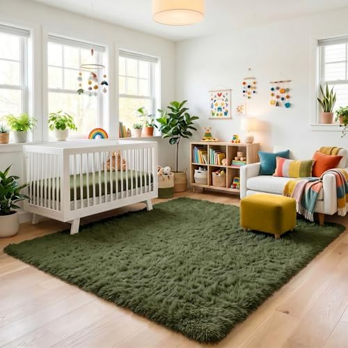 Amdrebio Olive Green Large Fuzzy Furry Area Rug 6x9 for Living Room Bedroom - Image 6