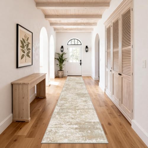 Long Hallway Runner Rug 2.6x16ft Textured Non Slip for Dogs,Beige/Yellow - Image 7
