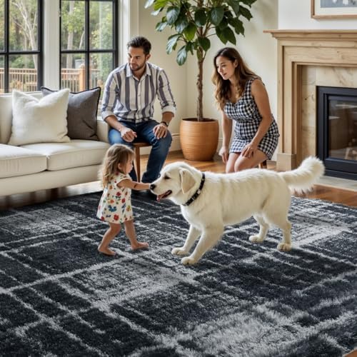 9x12 Non-Slip Fluffy Area Rugs For Living Room (Black and Gray Checkered) - Image 7
