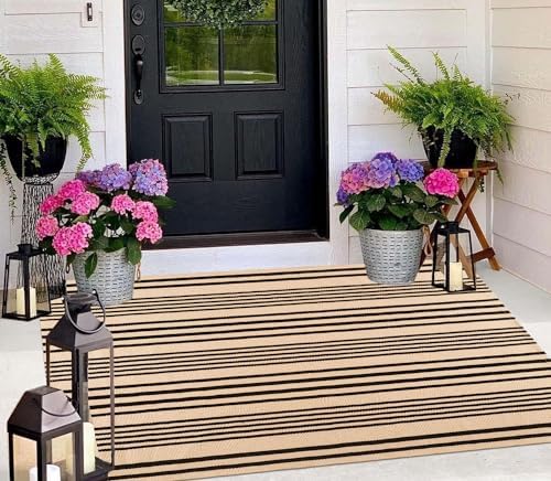 Fall Outdoor Rug 3'x5'Tan Striped Layering Rug Farmhouse Front Porch Rug - Image 7