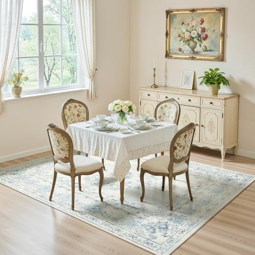 Wonnitar Bow Floral 5x7 Washable Rug, Blue Area Rug for Kids Room, Ultra-Thin Non Slip Soft Neutral Aesthetic Decor Carpet for Living Room Farmhouse Dining Room Office Playroom - Image 6