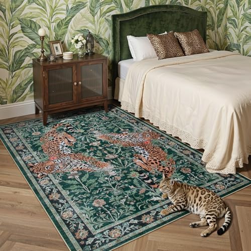 Moynesa Leopard 5x7 Area Rug, Boho Washable Living Room Rug, Non Slip Rugs for Bedroom, Ultra Thin Soft Animal Print Throw Floor Carpet for Office Dining Room, Green - Image 6
