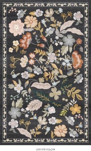 Washable Floral Area Rugs 5x8: Wildflower Non Slip Living Room Rug Black by BYYVOORugsforYourHome