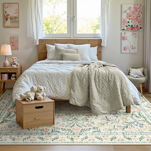 Wonnitar Washable 6x9 Area Rugs, Soft Floral Rug for Bedroom Kids Playroom Light Colored Carpet, Non Slip Ultra-Thin Indoor Beige Carpet for Living Room Classroom Office - Image 6