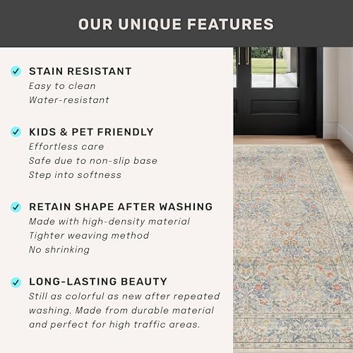 Washable 3x20 Wide Hallway Runner Rug - Beige Blue Ultra Soft Extra Long Runner Non Slip, Low Pile Stain Resistant Boho Pastel Rug for Large Kitchen, Entryway - Image 6