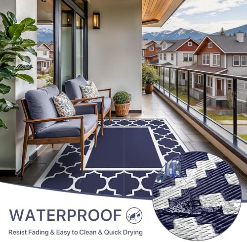 GENIMO Outdoor Rug, Waterproof Plastic Rugs for Patio, 6'x9' Blue White - Image 6