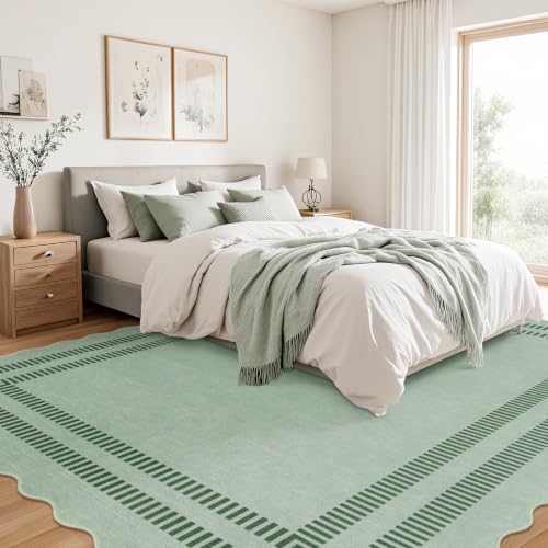 Washable 8x10 Rugs for Living Room Bedroom, Non-Slip Sage Green Indoor Carpet for Dining Room Office, Ultra Thin Scalloped Soft Carpets for Kids Nursery Playroom - Image 7
