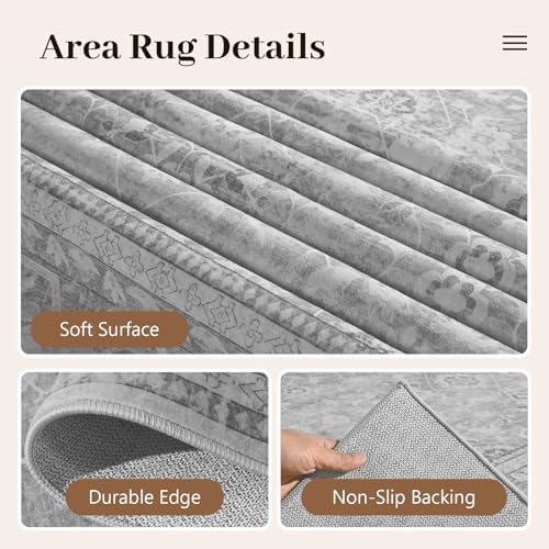 8x10 Ft Large Area Rugs for Living Room, Soft Non-Slip Machine Washable Rug, Vintage Stain Resistant Carpets for Bedroom Nursery Dining Room Home Decor (Grey) - Image 6