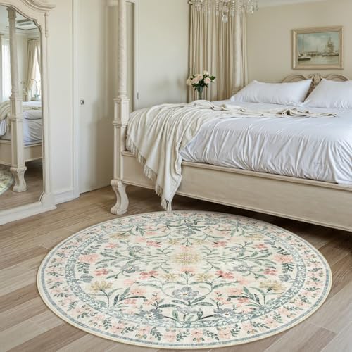 Wonnitar Floral Round Rugs 6ft, Boho Large Machine Washable Circle Rug, Low Pile Soft Flower Botanical Print Beige Round Carpet for Living Room Bedroom Dorm Sunroom - Image 6