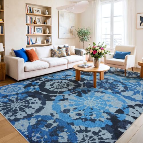 Large Boho Vintage 8x10 Area Rug, Blue Grey Low-Pile Washable Rug - Image 7
