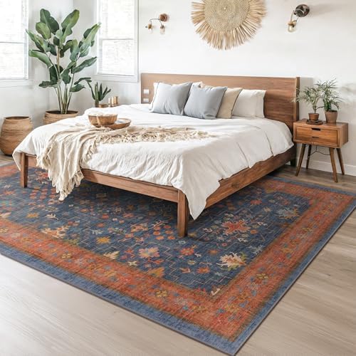 Navy Blue Area Rugs 9x12 Living Room, Dining Room Rugs for Under Table - Washable Low Pile Non-Slip Rugs for Bedroom - Vintage Boho Eclectic Home Decor - Ultra Soft Faux Wool Stain Resistance - Image 6