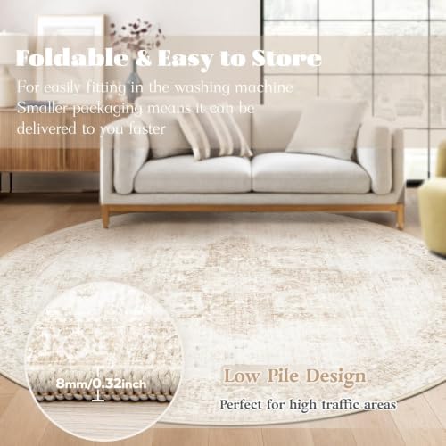 Round Rugs 8ft Washable Rug, Vintage Boho Medallion Rugs Non-Slip Soft Low Pile Circle Distressed Rug Indoor Retro Carpet for Living Room Bedroom Dining Room Home Office (Beige, 8' Round) - Image 7