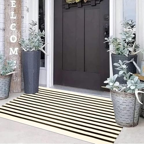 Fall Striped Outdoor Rug 2'x4.3'Black and Beige Layering Front Porch Rug - Image 7
