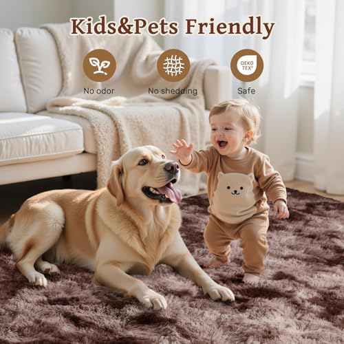 5x8 Brown Rugs for Living Room Fluffy Fur Bedroom Area Rug,Rustic Plush Non-Slip Dark Carpet for Book Room Office,Coffee Stain Resistant - Image 6