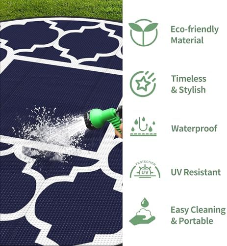 GENIMO Outdoor Rug, Waterproof Plastic Rugs for Patio, 10' Round Blue White - Image 6