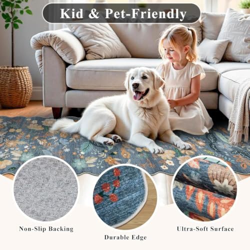 Washable Rug 2x3 for Entryway: Floral Scalloped Bathroom Rug Blue - Image 7