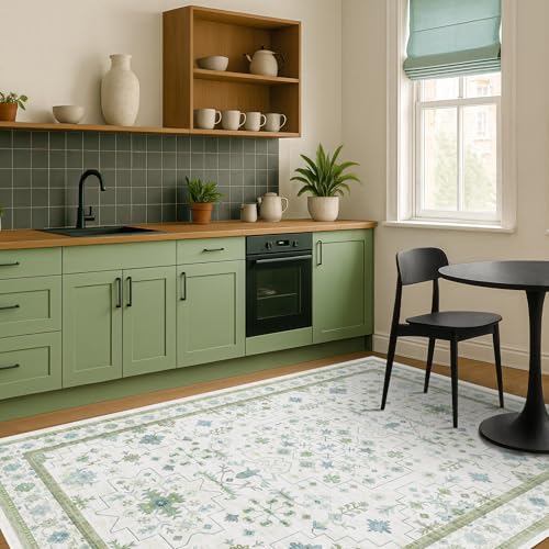 Hazo Haus Cream Oushak 6x8 Bedroom Rug - Boho Floral Cool Blue and Green, Washable Low Pile Non-Slip Ultra-Thin Large Area Rugs for Bed Room, Living Room - Image 6