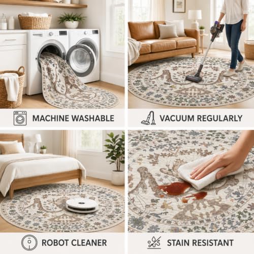 Area Rug for Living Room 5 Round Washable Floral Rug - Image 6