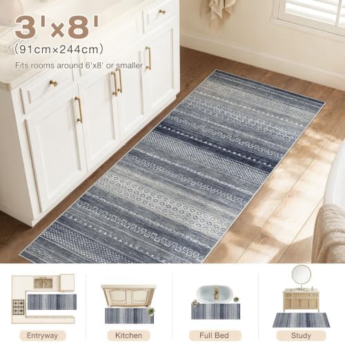 Nakagishi Area Rug Living Room Rugs: 3X8 Machine Washable Boho Large Neutral Farmhouse Stain Resistant Moroccan Indoor Floor Carpet for Bedroom Nursery Dorm Dining Room Home-Denim Blue - Image 7