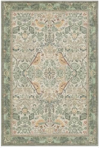 Boho 8x12 Living Room Rugs - Plant & Bird Patterned Rugs for Bedroom Under Bed, Traditional Victorian Sage Green Décor, Washable Non Slip Foldable Lightweight Carpet - Image 7