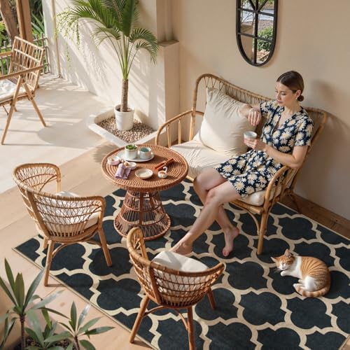 Lahome Moroccan Outdoor Rug 5x7, Easy Jute Black Washable Rugs for Patio Living Room, Geometric Trellis Woven Area Rug Non Slip for Backyard, Thin Non Shedding Farmhouse Carpet for Bedroom - Image 6