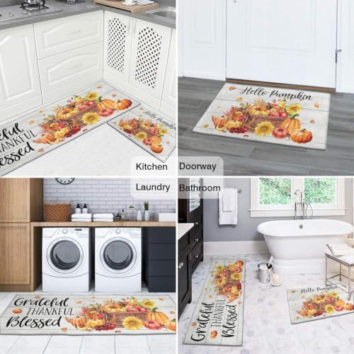 Fall Kitchen Rugs Set of 2,Fall Entrance Door Mats Wood Grain Pumpkin Non Slip Kitchen Rug,Washable Anti Fatigue Mat,Kitchen Floor Washable Runner Rug,Autumn Thanksgiving Kitchen Laundry 17x30+17x47In - Image 7