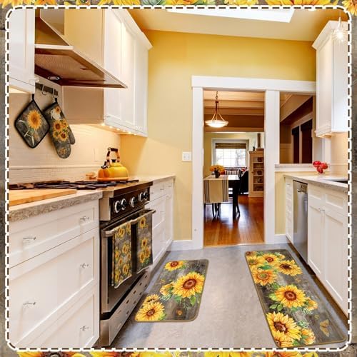 Fourluoo 10 Pcs Sunflower Kitchen Rugs Oven Mitts Pot Holders Set - Image 6