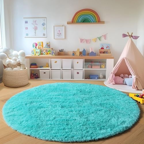 Teal Blue Fluffy Round Rug Circle Area Rugs 4ft for Kids Girls Boys Bedroom - Image 6