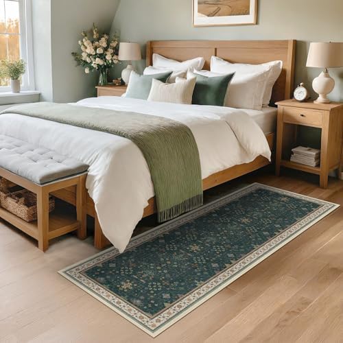 Dark Green 2x5 Kitchen Rug - Modern Vintage Boho Eclectic Floral Pastel, Washable Low Pile Non-Slip Small Runner Rugs for Entryway Door Mat Indoor Entrance, Bedroom, Hallway - Image 6