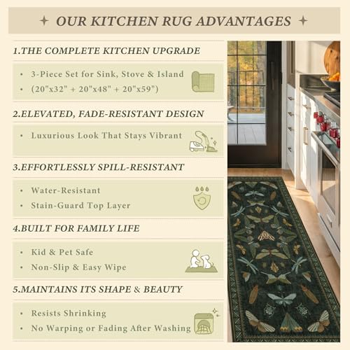 JTJ Vintage Insect Kitchen Rug Set of 3, Dark Green Washable Mats - Image 6