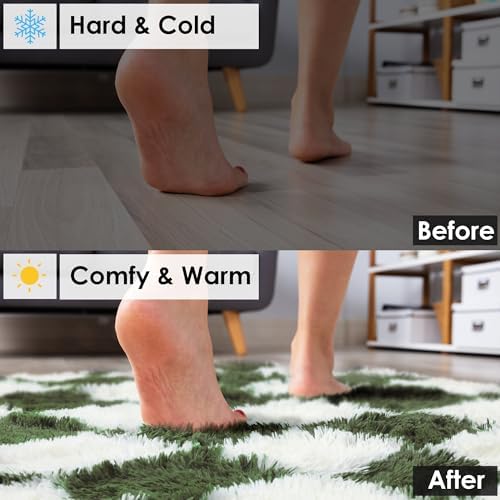KICMOR Area Rugs for Bedroom Living Room, 4x6 Soft Fluffy Olive Green and White Checkered Shag Rug Fuzzy Shaggy Plush Bedside Carpet, Non-Slip Indoor Floor Rug for Boys Girls Room Nursery Home Decor - Image 6