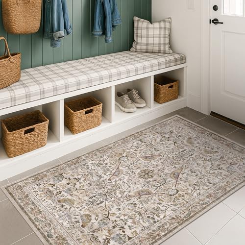 Washable 3x5 Moss Large Entryway Rugs - Low Pile Soft Boho Area Rug for Bedroom Beside Bed, Laundry, Non Slip Floral Kitchen Mat for Floor, Vintage Botanical Design Stain Resistant Carpet - Image 6