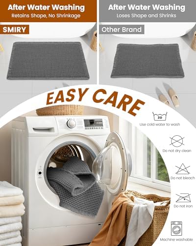 Smiry Waffle Bath Mat 47X24, Extra Soft Absorbent Bathroom Rugs, Dark Grey - Image 6