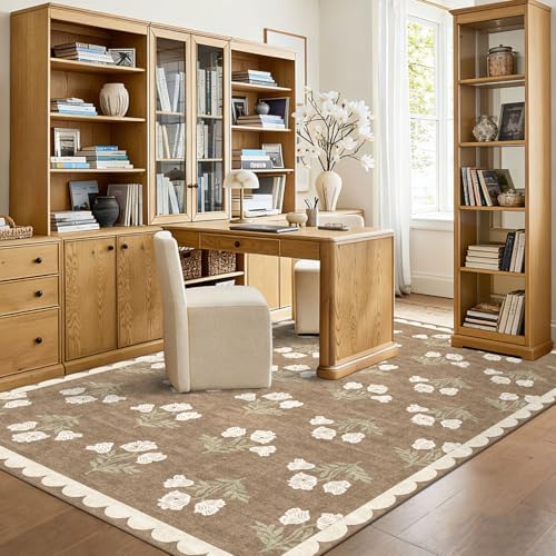 Boho Tan Living Room Rug 6x9 - Soft Washable Floral Neutral Farmhouse Scalloped Bedroom Area Rug Stain Resistant Dining Room Rugs for Under Table Non Slip Rugs for Bedroom Living Room Decor - Image 7