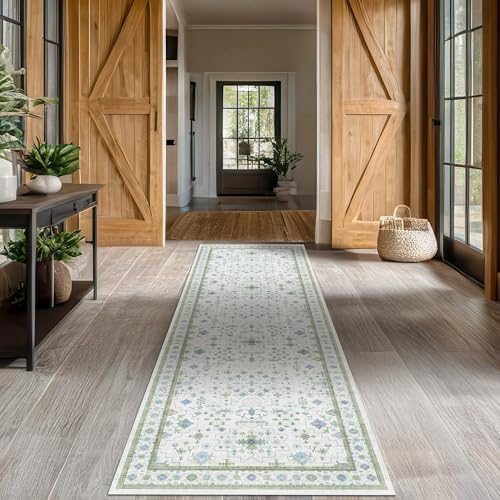 Hazo Haus Oushak Wide Hallway Runner Rug 2'6"x10' - Vintage Turkish Floral, Washable Low Pile Non Slip 10ft Wide Runners for Kitchen, Hall Way - Blue and Green - Image 6