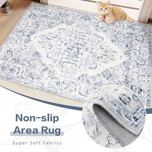 10x14 Area Rugs for Living Room: Washable Rug Vintage Large Rugs Soft Non Slip Low Pile Rug Floral Distressed Floor Carpet for Bedroom Nursery Dining Room Home Office (Blue,10'x14') - Image 6