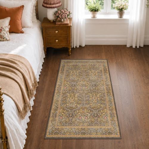 Vintage Floral Brown 3x5 Area Rugs for Entryway, Kitchen, Bathroom, Bedroom Beside Rug, Laundry Room, Non-Slip Low Pile Ultra Soft Stain Resistant Small Gold and Taupe Carpet - Image 6
